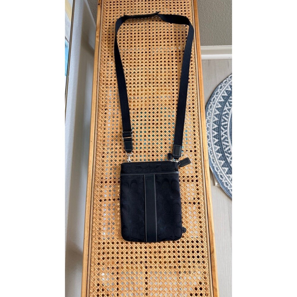 Coach Signature crossbody bag leather stripe canvas jacquard Black - Picture 7 of 9